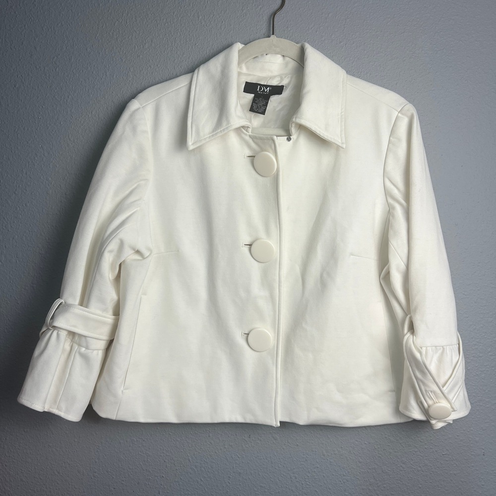 DM New York Ivory Cropped Jacket Blazer Large 3/4‎ Sleeve Button Front Flare SL